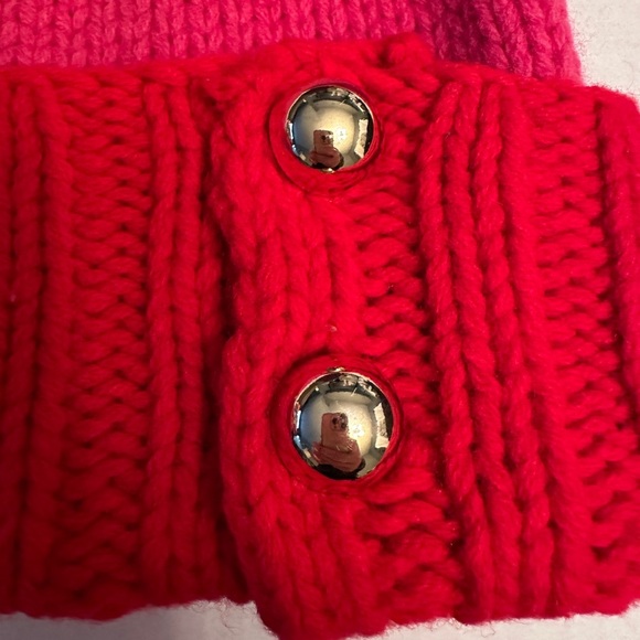 Kate Spade 100%‎ Lambswool Red Pink Chunky Knit Beanie Gold Buttons